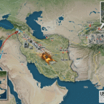An infographic map showing Iran’s three nuclear facilities — Natanz, Fordow, and Isfahan — with explosion markers, satellite view of bunkers, and overlaid headlines about uranium being missing after the US attack. Include timestamps and missile trajectories."