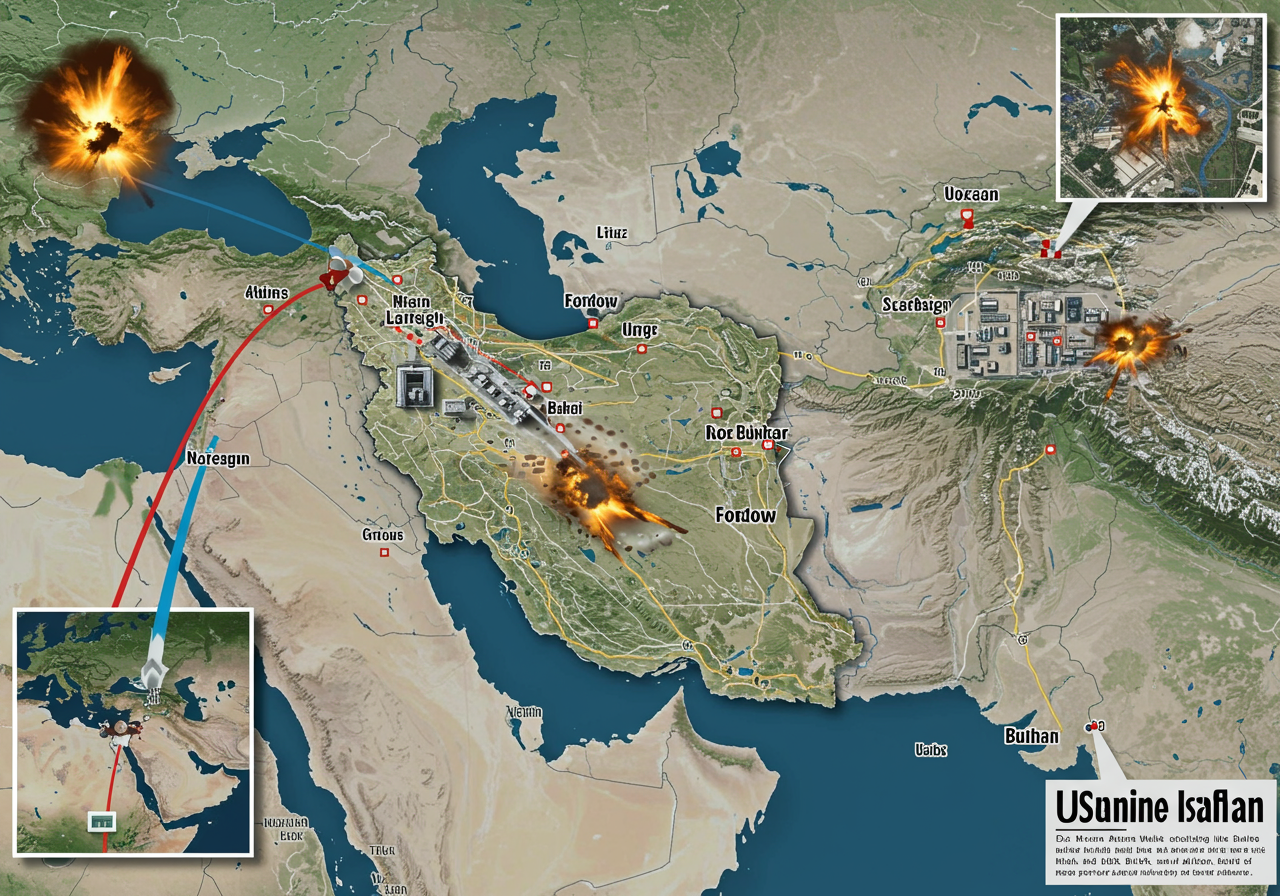 An infographic map showing Iran’s three nuclear facilities — Natanz, Fordow, and Isfahan — with explosion markers, satellite view of bunkers, and overlaid headlines about uranium being missing after the US attack. Include timestamps and missile trajectories."